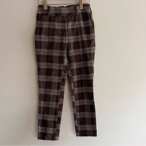 High waisted work pants. Capris. Plaid, brown, black, white, grey.